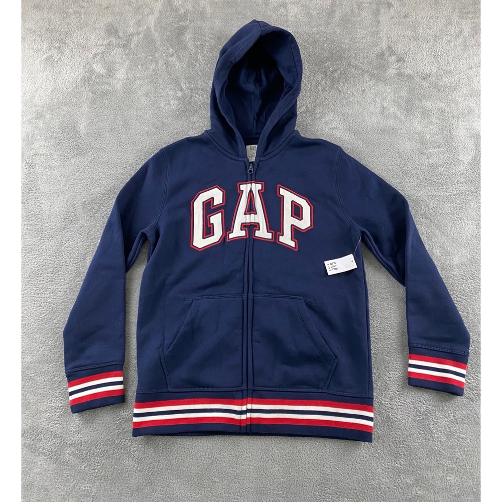 Gap Kids Navy Blue Full Zip Logo Hoodie Sweatshirt Striped Trim Size L 10 NEW